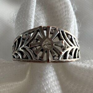 Sterling Silver Filigree Sunburst Ring w/ CZ Accents – Size 6.5